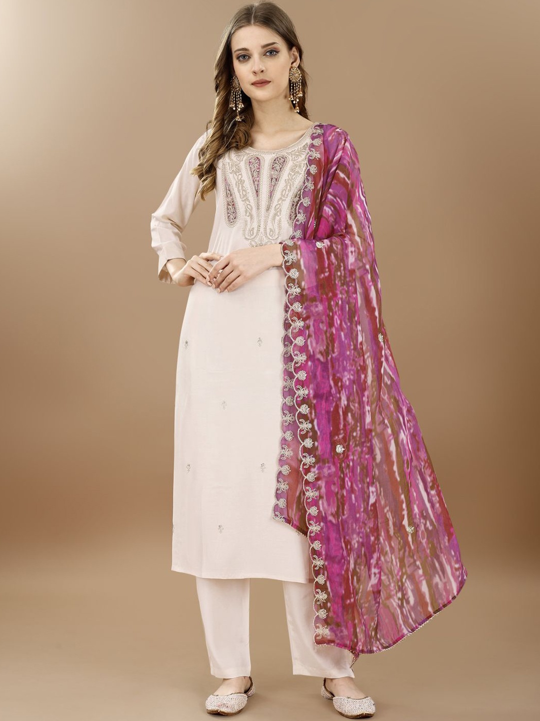 

KUNDAN FAB Floral Embroidered Sequinned Pure Cotton Kurta with Trousers & Dupatta, White