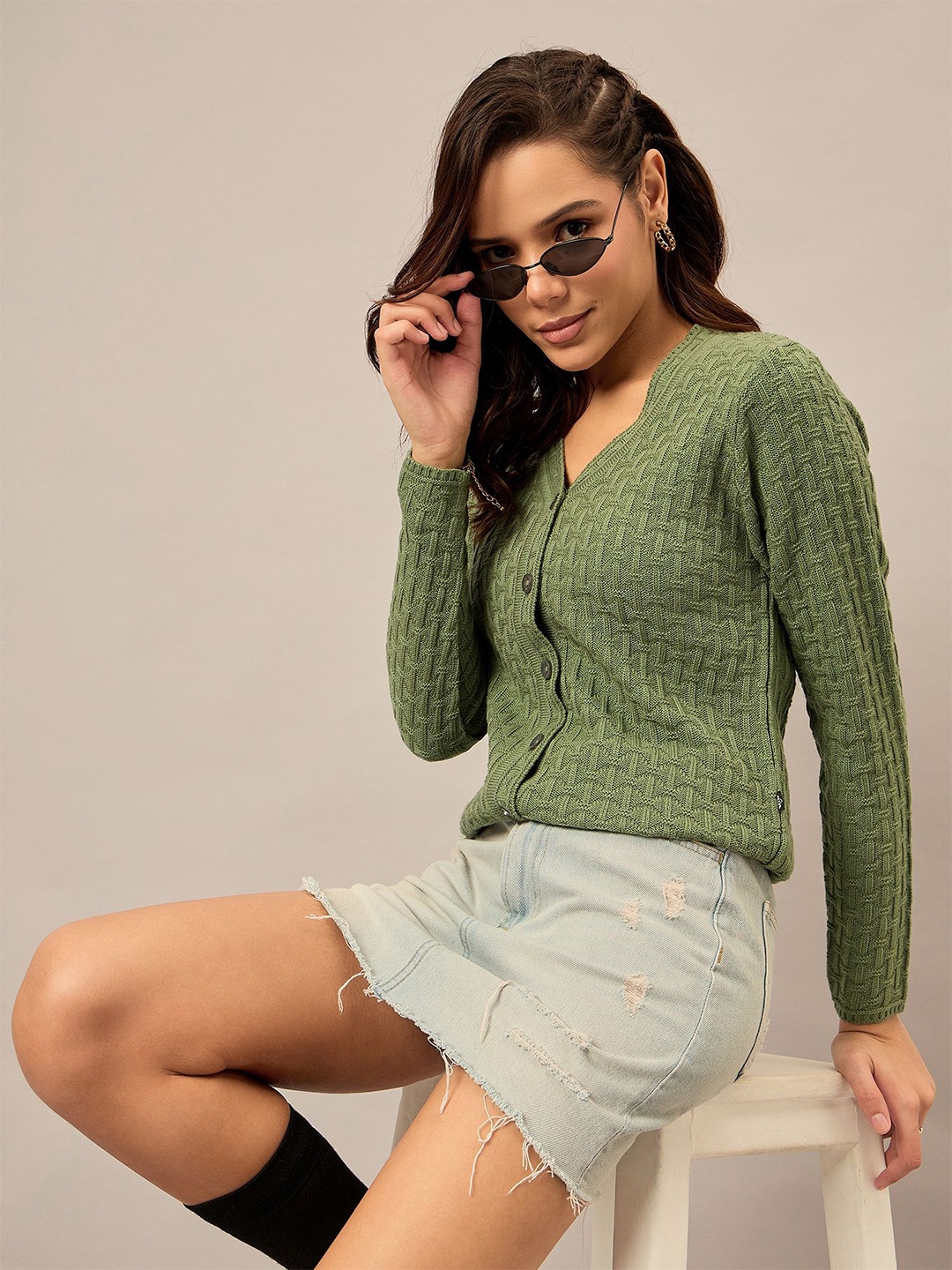 

The Roadster Lifestyle Co. Women Cable Knit V-Neck Cardigan Sweater, Green