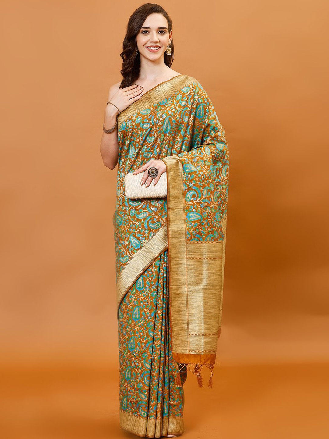 

Meena Bazaar Women Floral Zari Art Silk Saree, Mustard