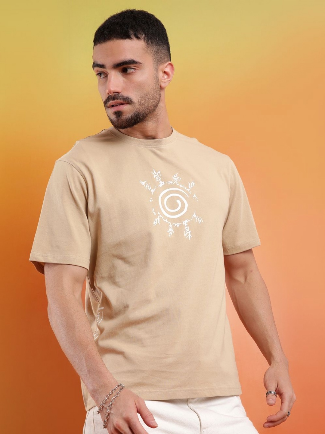 

WROGN Men Graphic Printed Round Neck Pure Cotton Relaxed Fit T-shirt, Beige