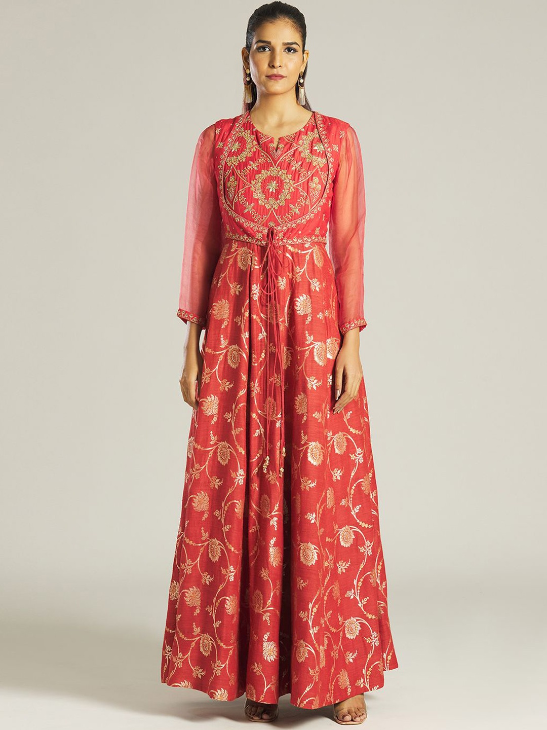 

Samyukta Singhani Floral Embroidered Fit and Flare Maxi Ethnic Dress With Dupatta, Orange