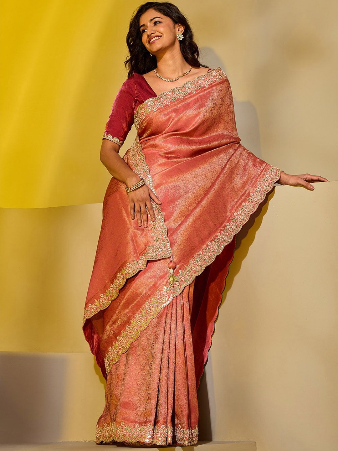 

Taneira Woven Design Embroidered Saree, Peach