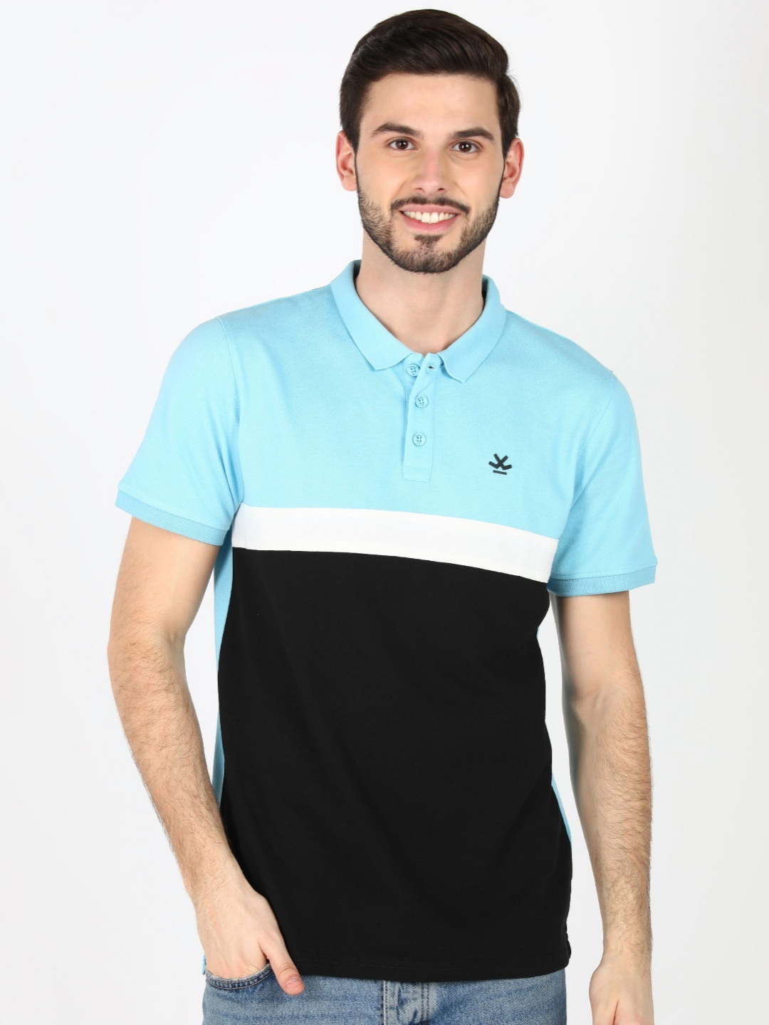 

WROGN Men Colourblocked Polo Collar Cotton T-shirt, Blue