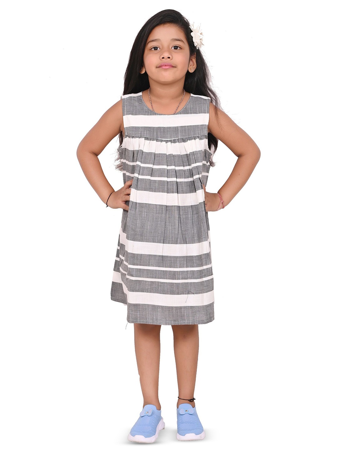 

Cloth Bites Girls Striped Round Neck A-Line Dress, Blue