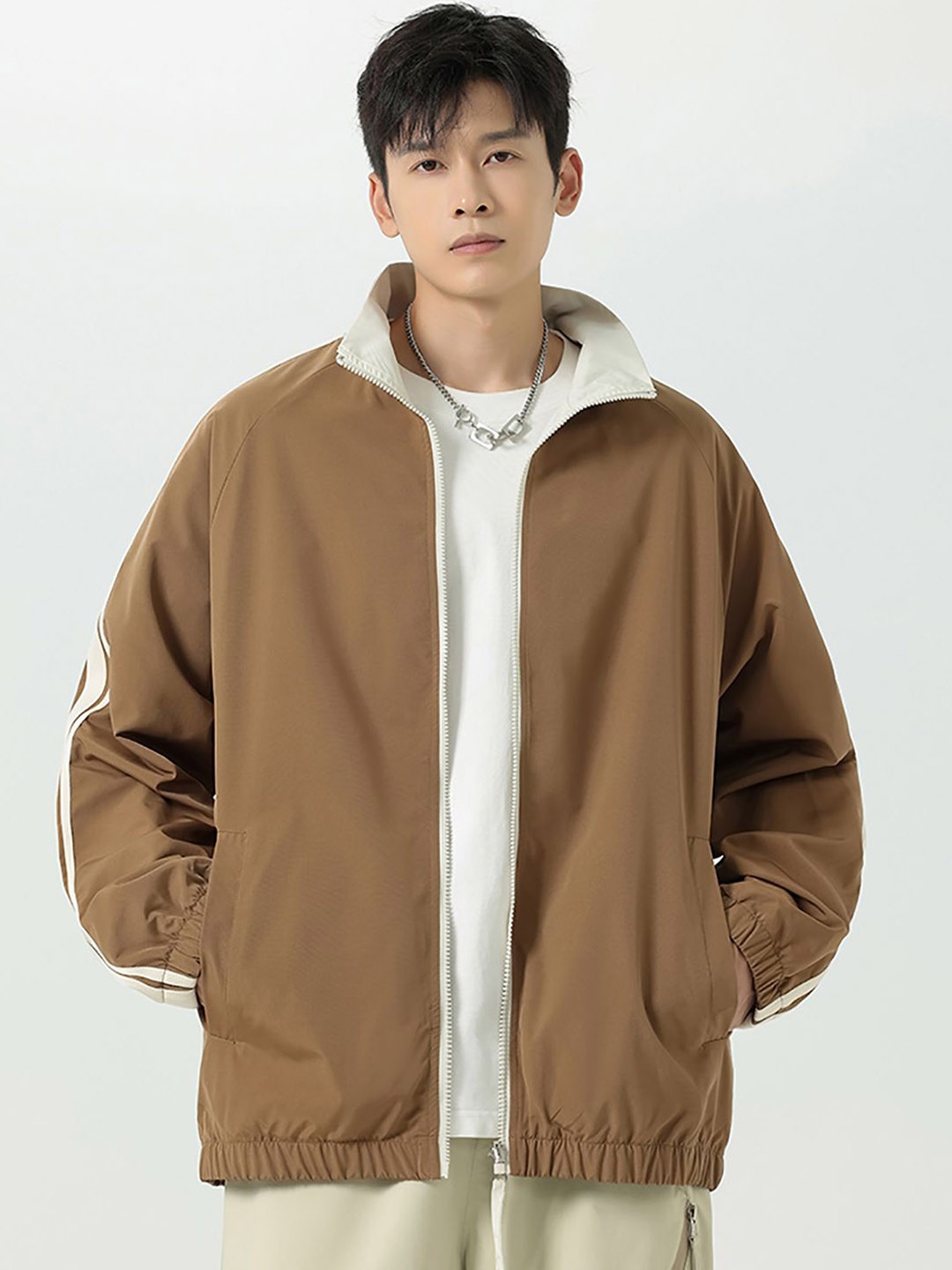 

StyleCast x Revolte Men Mock Collar Solid Casual Windcheater Jacket, Brown