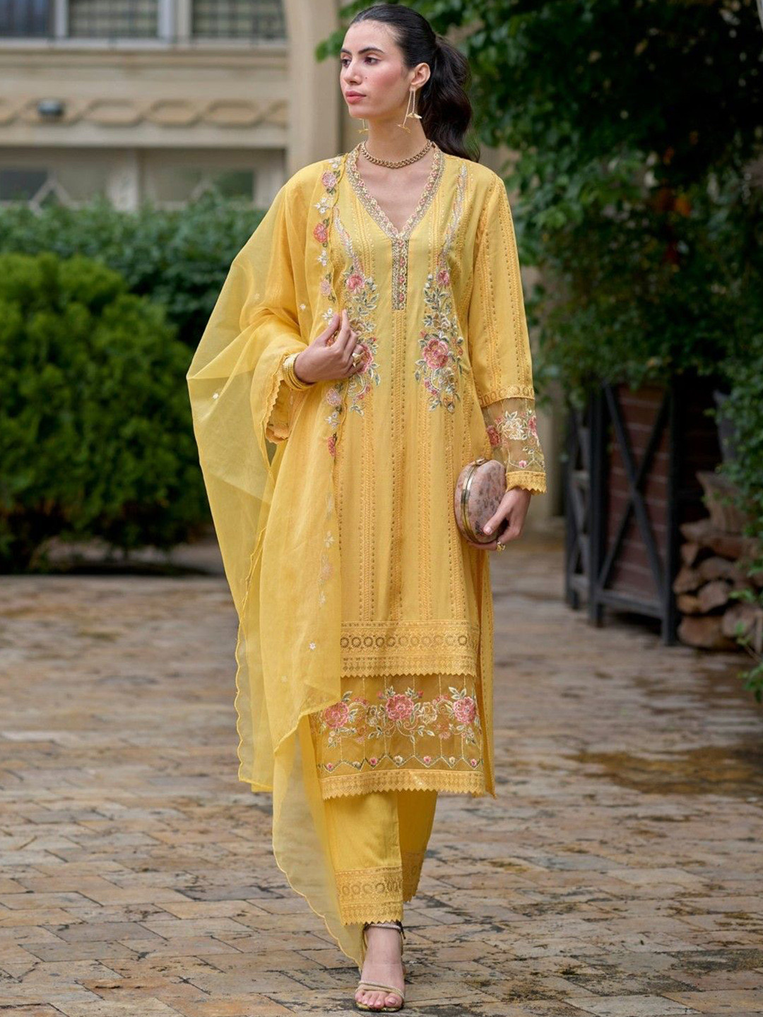 

AUTUMN LANE Floral Embroidered Thread Work Pure Cotton Kurta with Trouser & Dupatta, Yellow