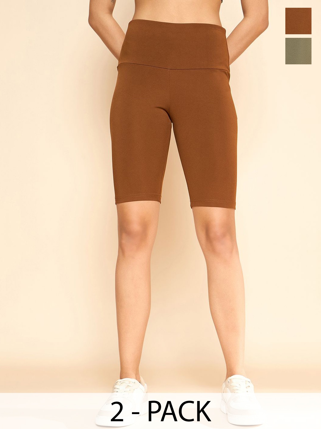 

COLOR CAPITAL Women Pack Of 2 Mid- Rise Cycling Tights, Brown
