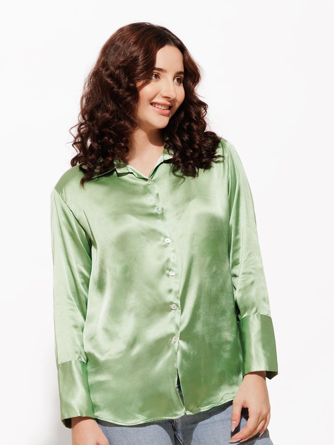 

Urban Sundari Women Classic Spread Collar Solid Casual Shirt, Green