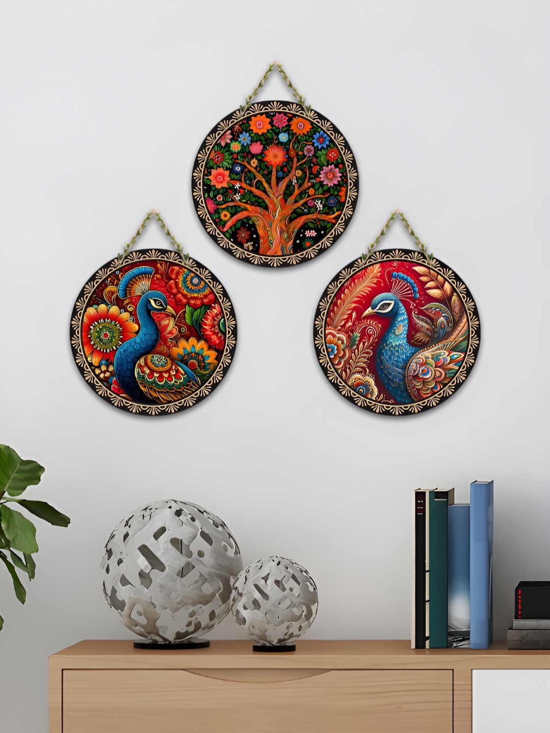 

ArtVibes Red & Blue 3 Pieces Peacock Art Wooden Wall Hangings