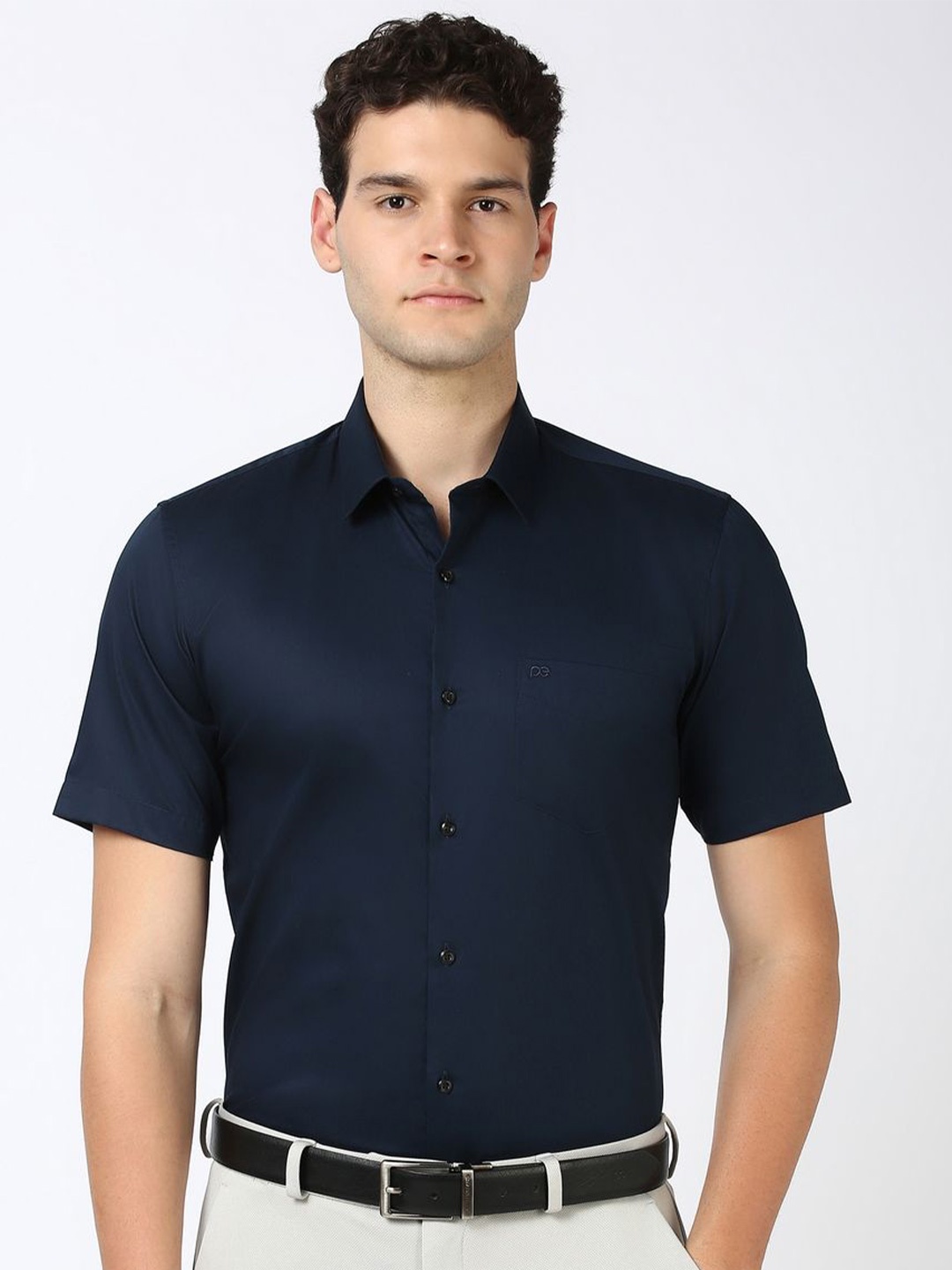 

Peter England Men Spread Collar Solid Cotton Formal Shirt, Navy blue