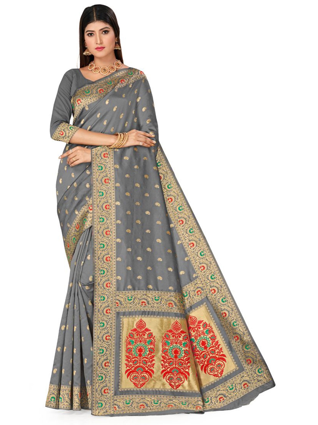 

Maroosh Floral Zari Silk Banarasi Saree, Grey