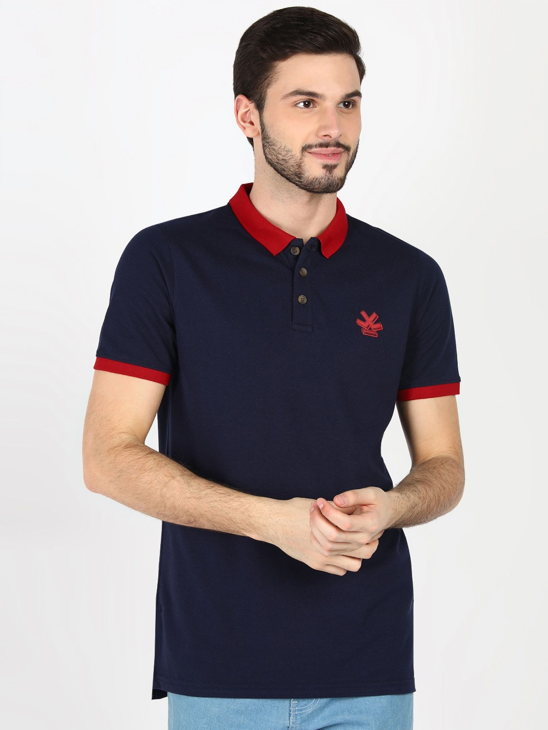 

WROGN Men Solid Polo Collar Cotton T-shirt, Navy blue