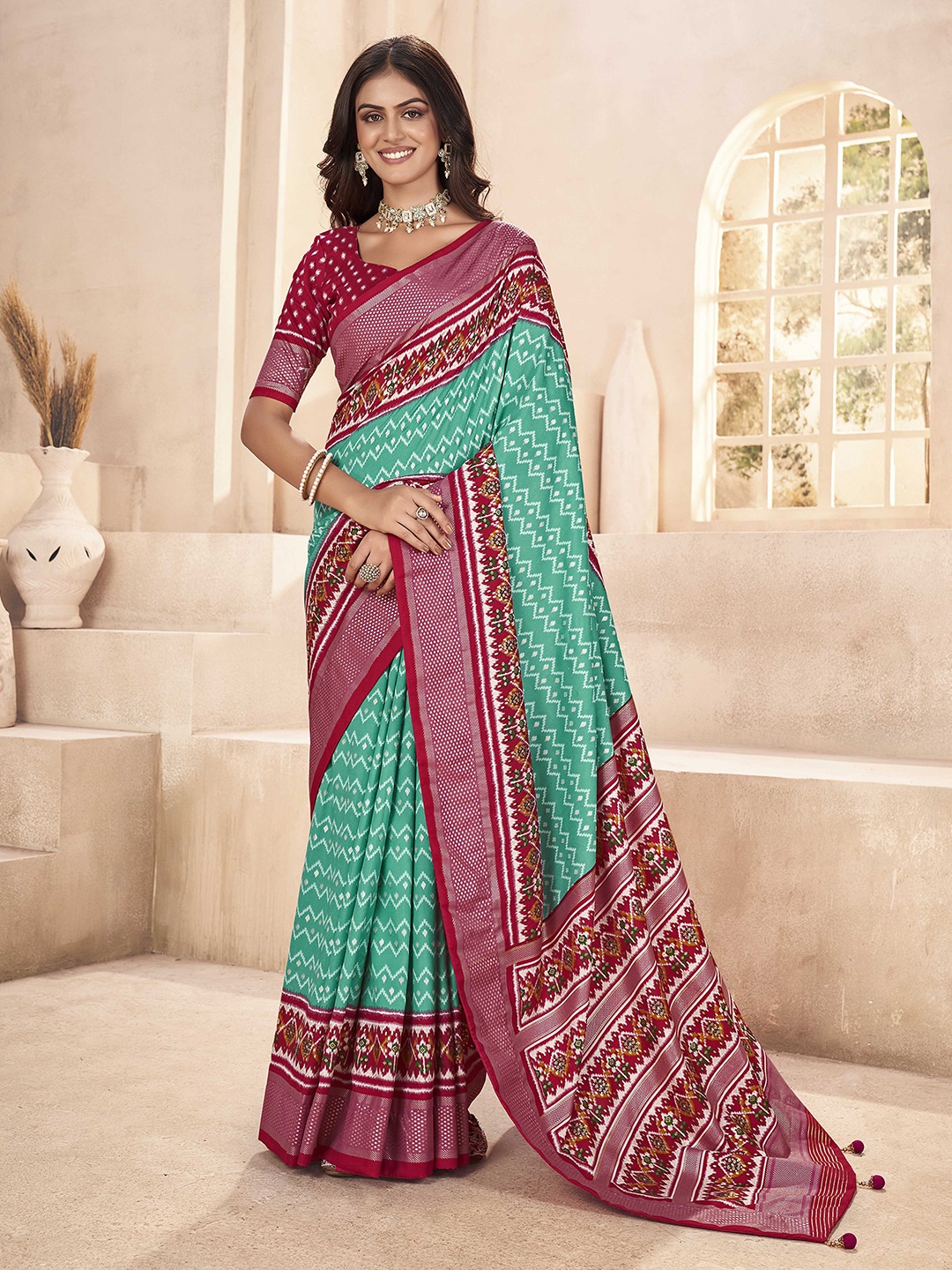 

Ethnielle Ethnic Motifs Zari Tussar Saree, Sea green