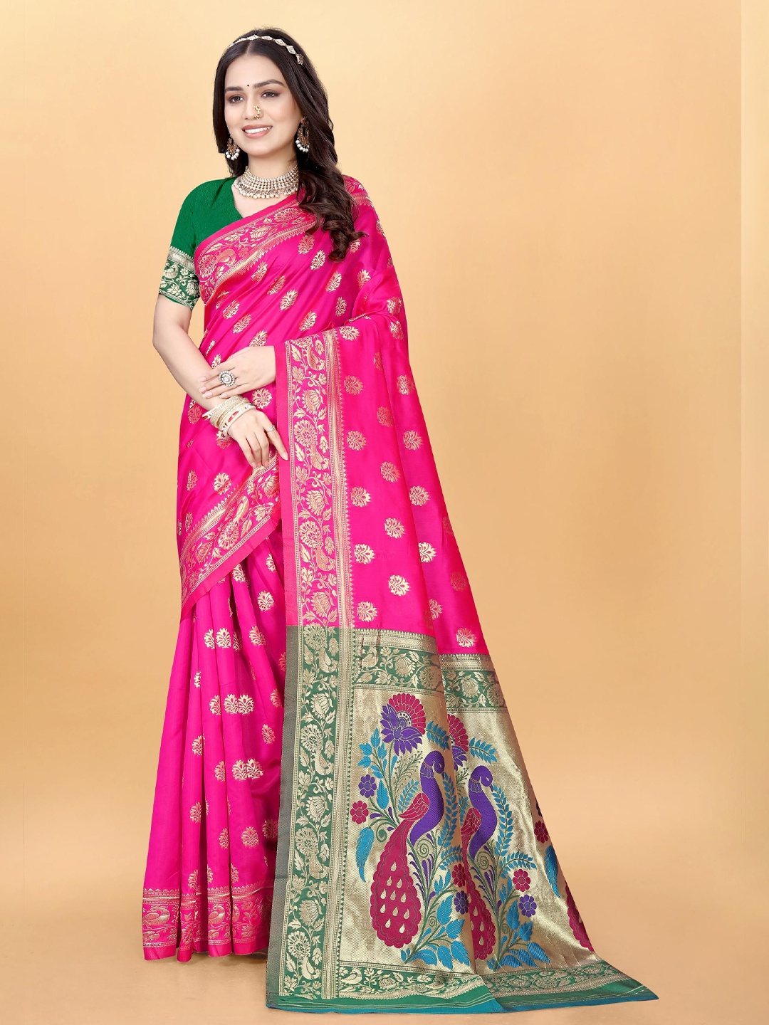 

VenderVilla Woven Design Zari Paithani Saree, Pink