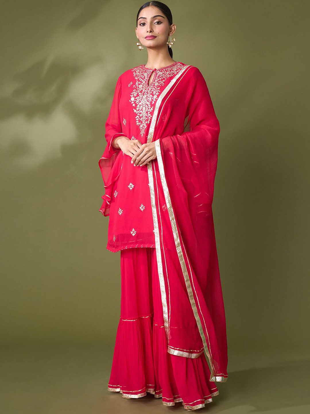 

Samyukta Singhani Floral Yoke Design Silk Georgette Kurta & Sharara & Dupatta, Pink