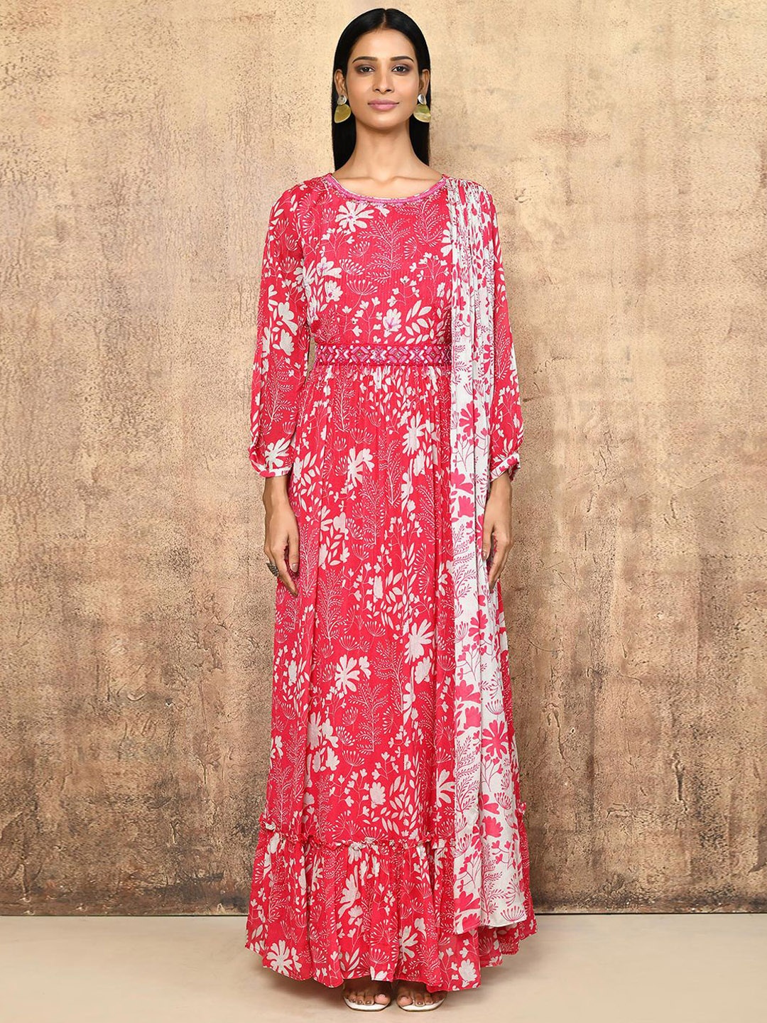 

Samyukta Singhani Floral Printed Maxi Ethnic Dress With Dupatta, Pink