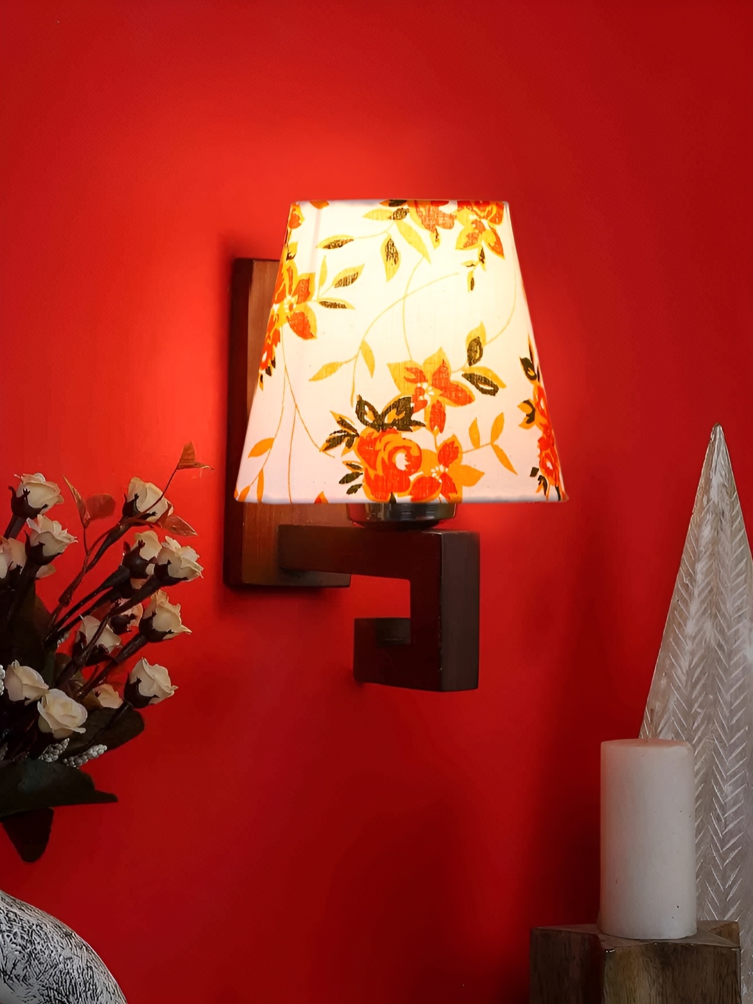 

Devansh White & Orange Coloured Printed Wood Traditional Frustum Shaped Wall Lamp