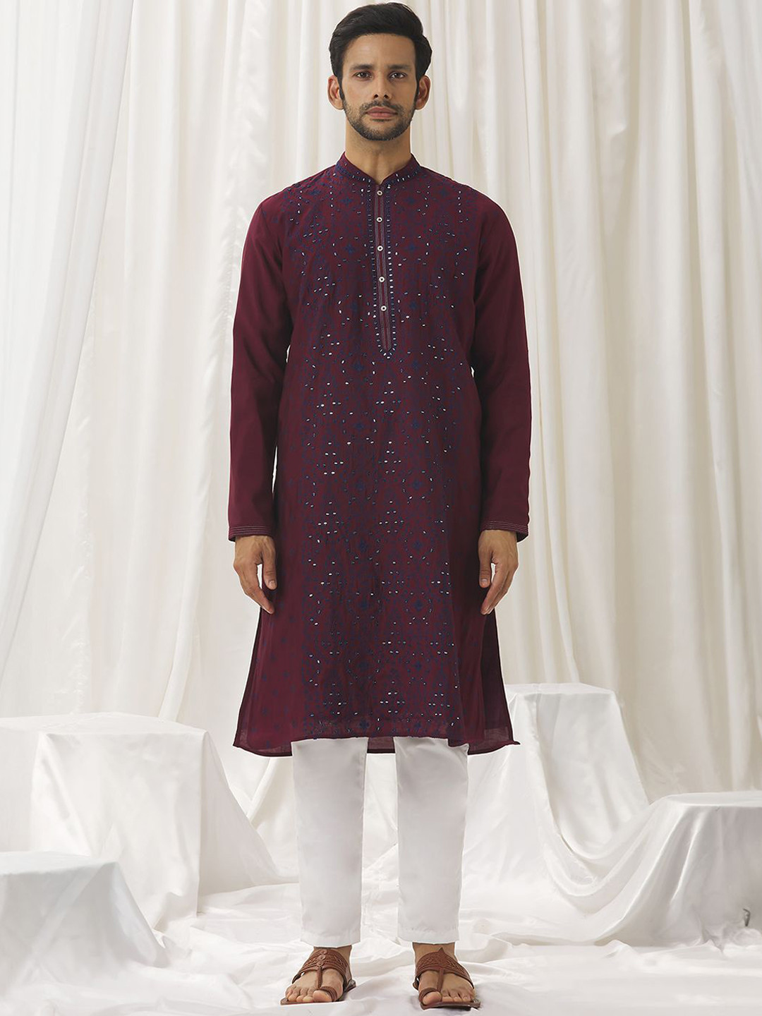 

Alaya Advani Floral Embroidered Mirror Work Silk Cotton Straight Kurta with Trousers, Maroon