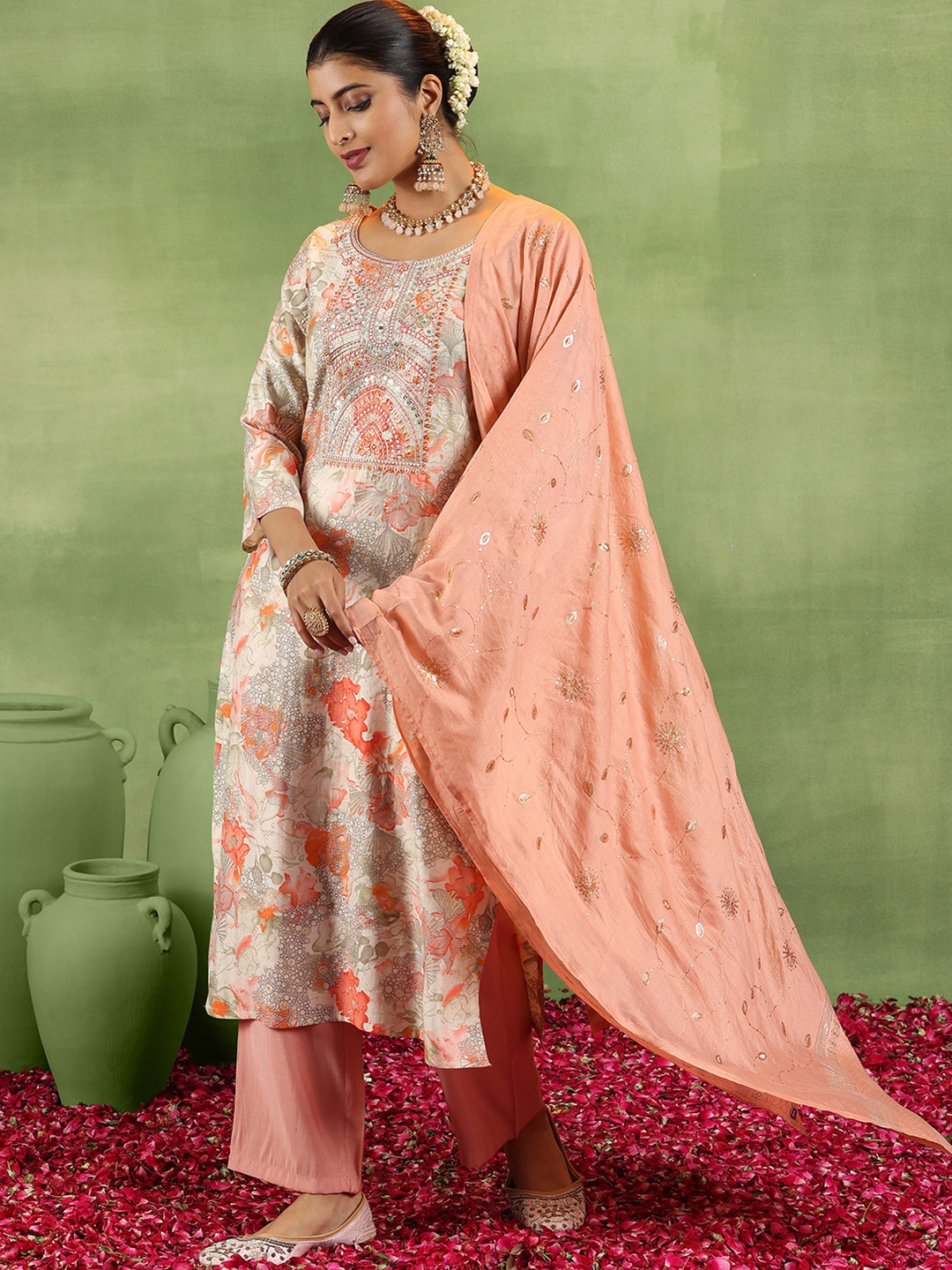 

Libas Floral Embroidered Mirror Work Straight Kurta With Trousers & Dupatta, Peach