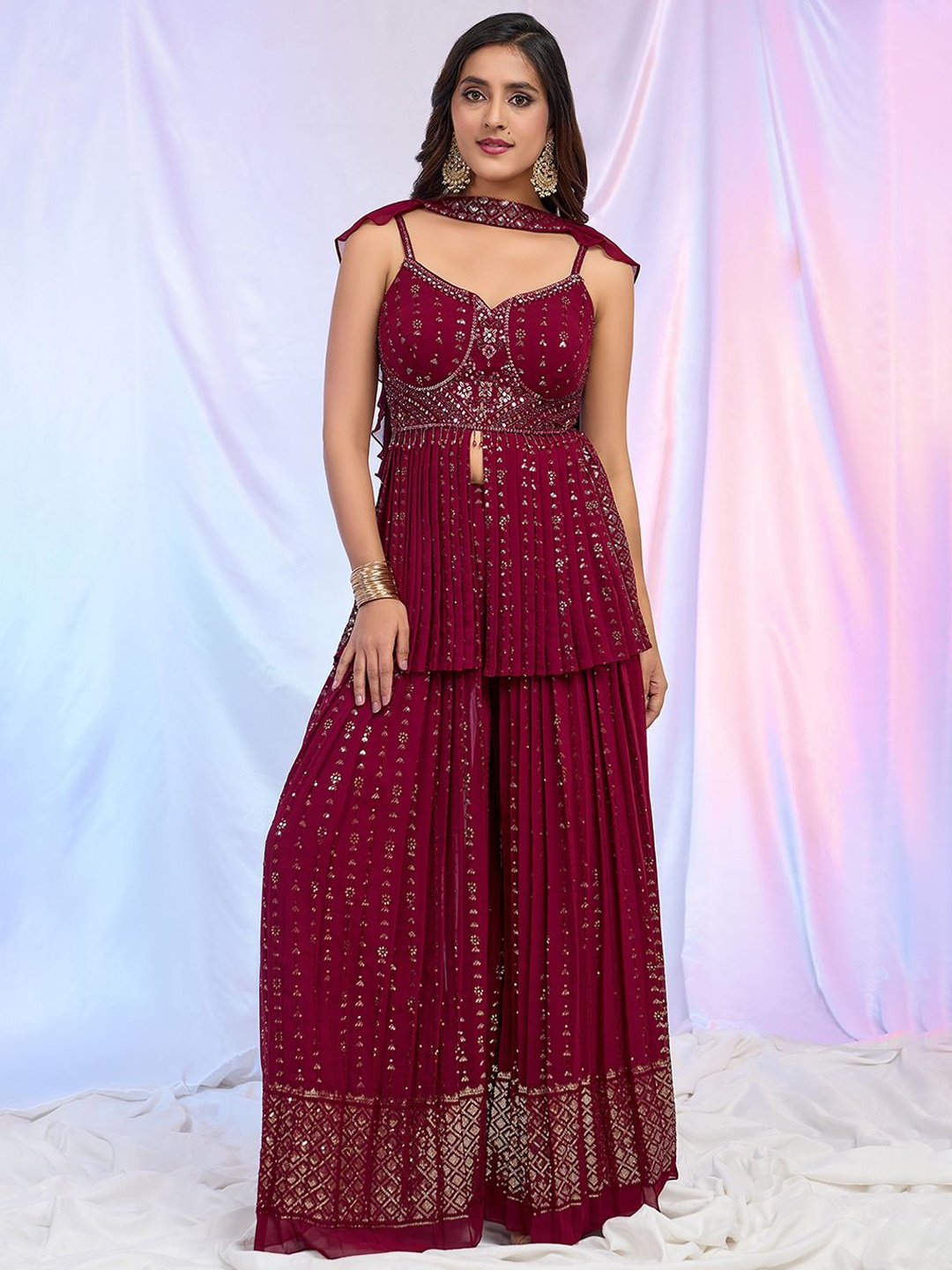 

Alaya Advani Ethnic Motifs Embroidered Sequinned Kurti With Sharara & Dupatta, Maroon