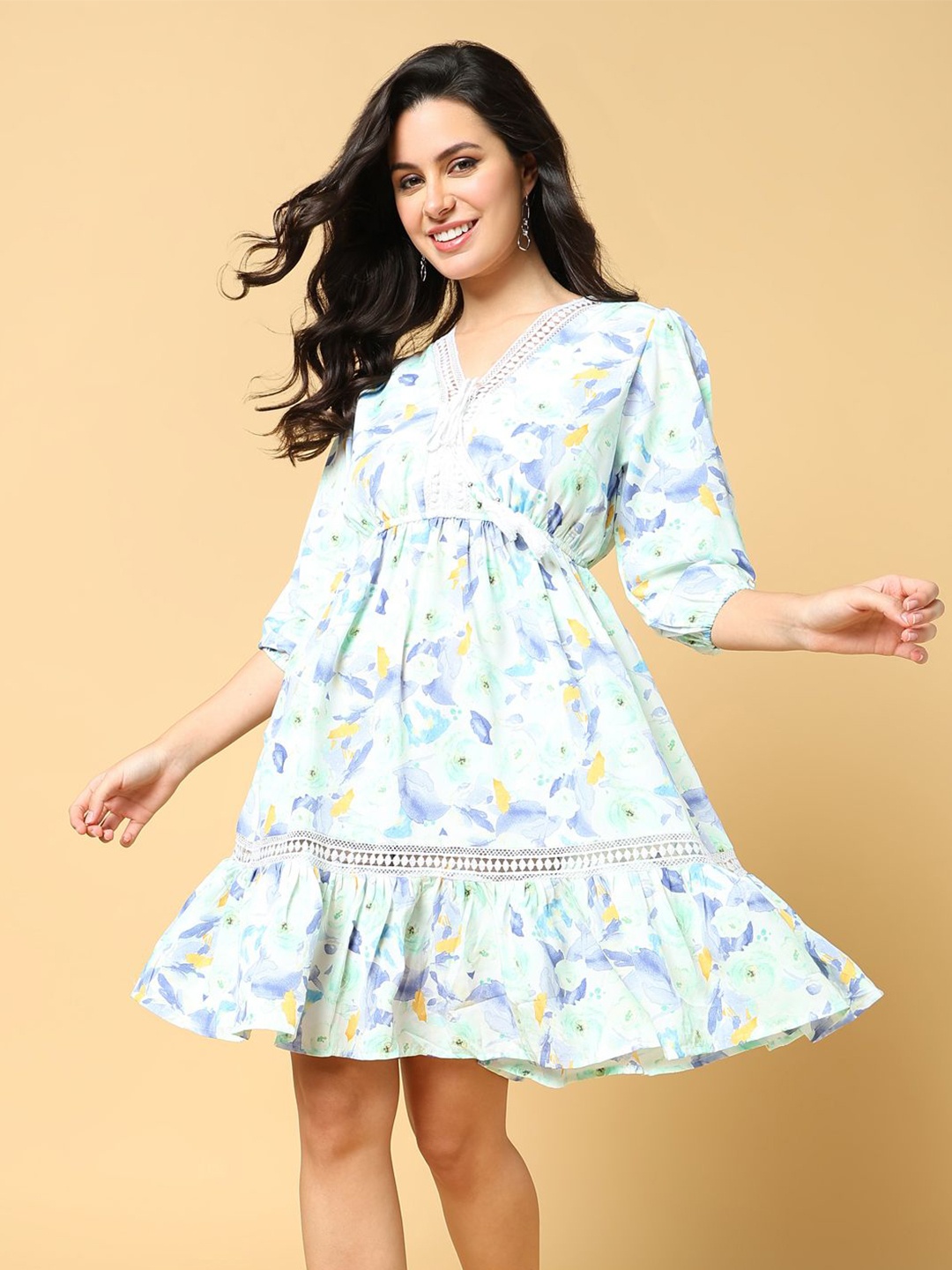 

SHOWOFF Women Floral Print Puff Sleeve Fit & Flare Dress, Green