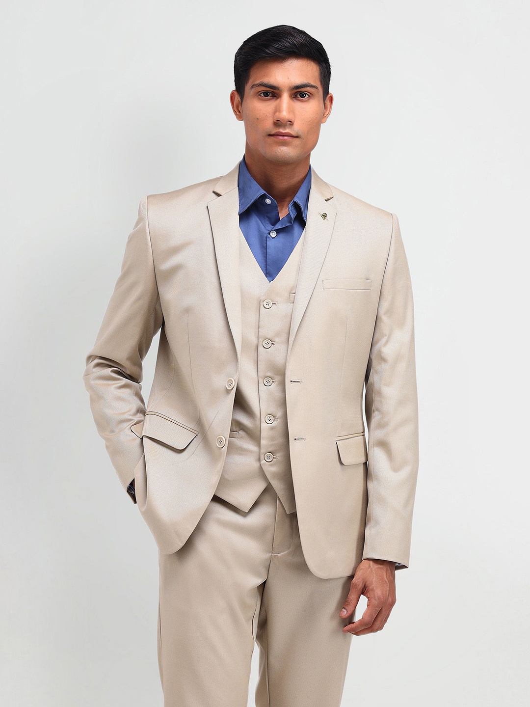 

AD By Arvind Solid Notched Lapel Collar Tailored Fit Single-Breasted Three-Piece Suit, Beige