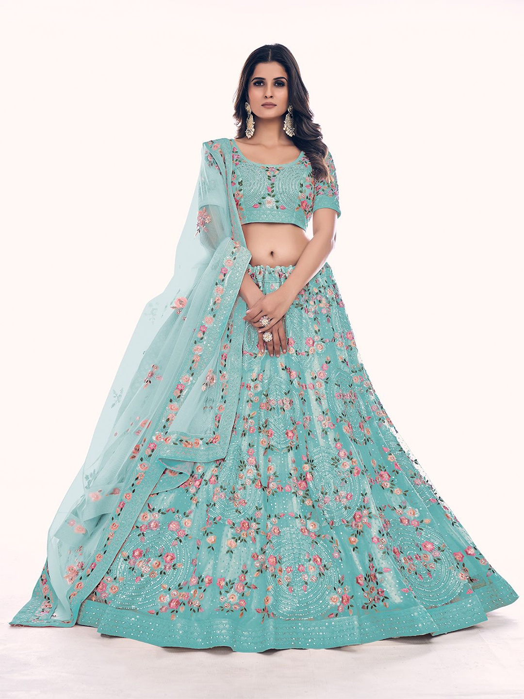 

ODETTE Floral Embroidered Sequinned Net Semi-Stitched Lehenga & Blouse With Dupatta, Sea green