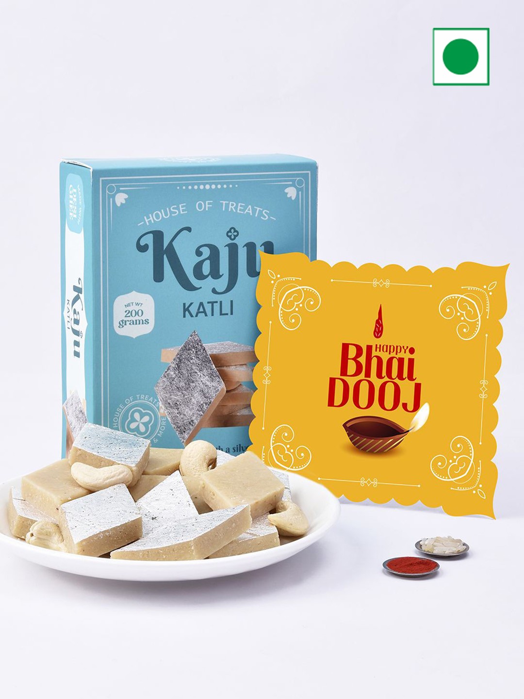 

RawFruit Set Of 3 Kaju Katli With Greeting Card & Roli Chawal Gift Set, Blue