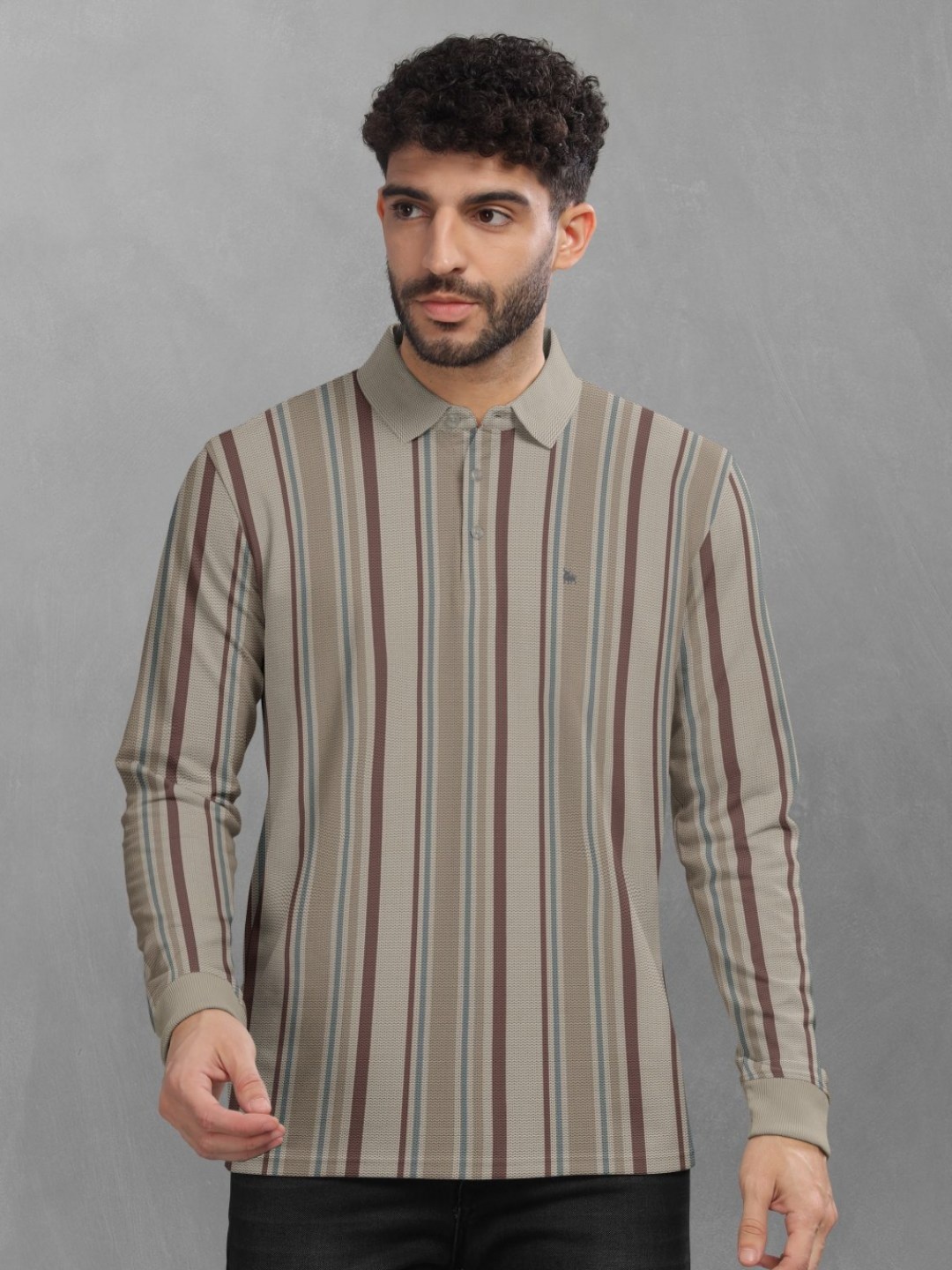 

BULLMER Men Striped Polo Collar Cotton T-shirt, Green