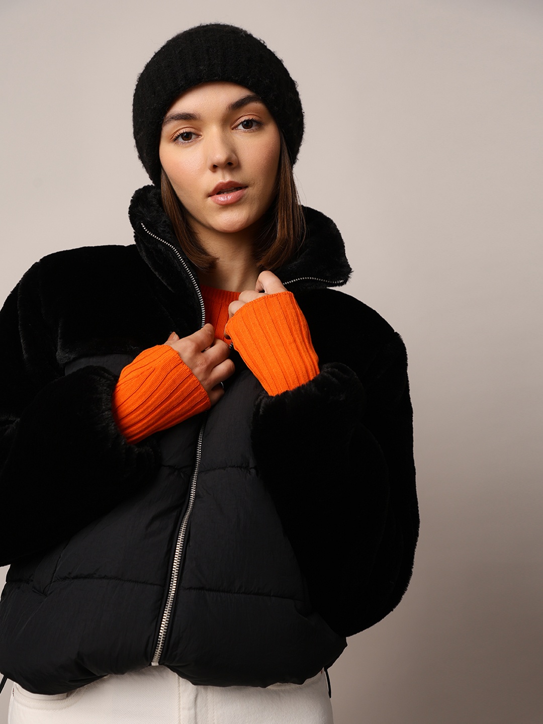 

ONLY Women Mock Collar Self Design Casual Puffer Jacket, Black