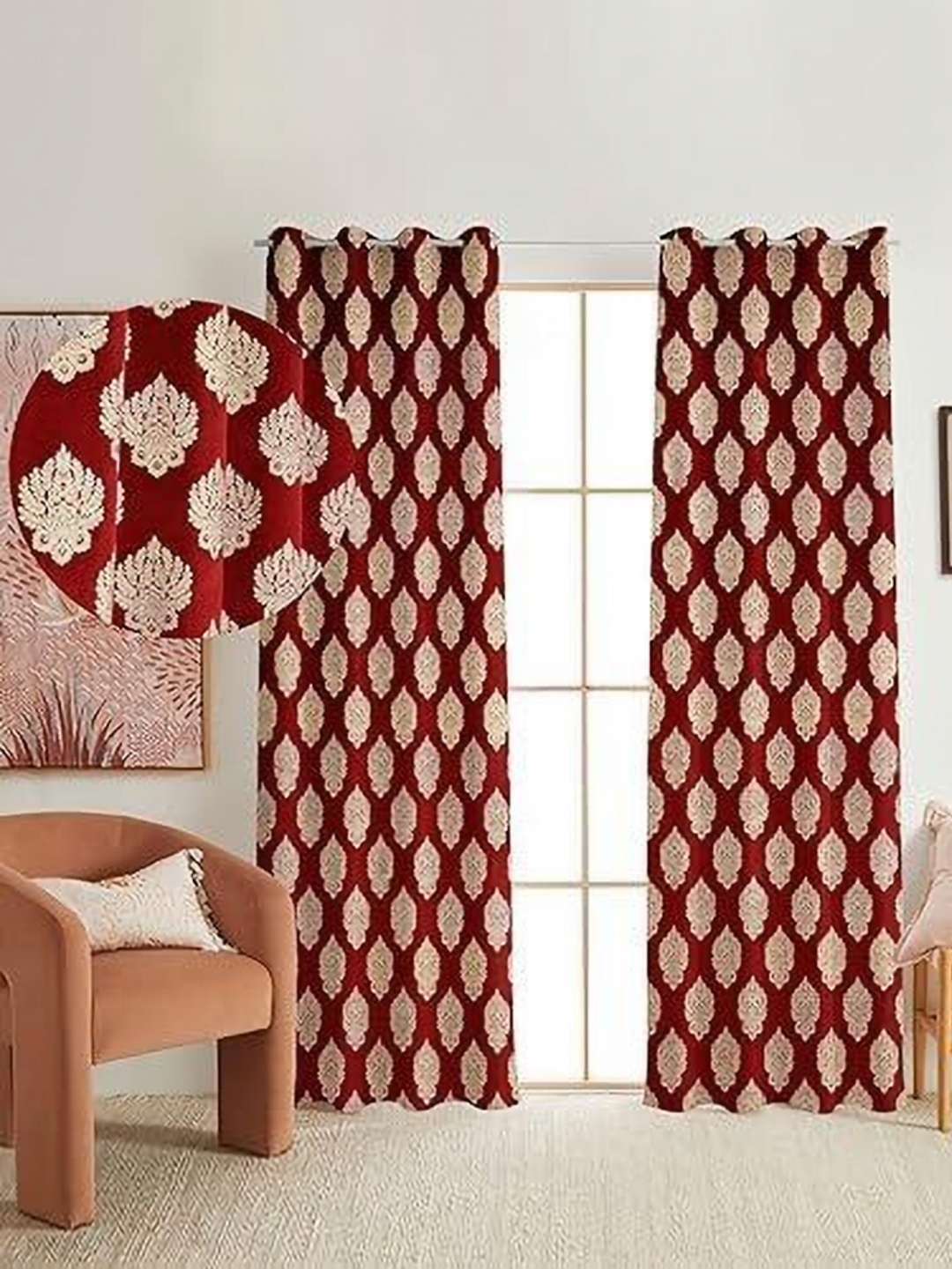 

Banchmark Home Furnishings Maroon & Beige Set of 2 Ethnic Motifs Black Out Window Curtain