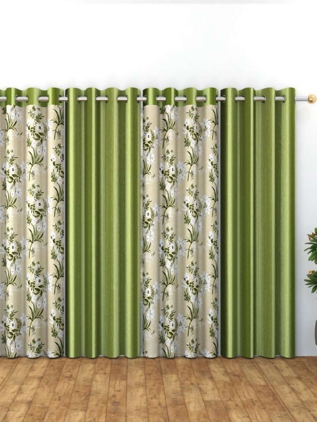 

Banchmark Home Furnishings Green & White Set of 4 Floral Long Door Curtain