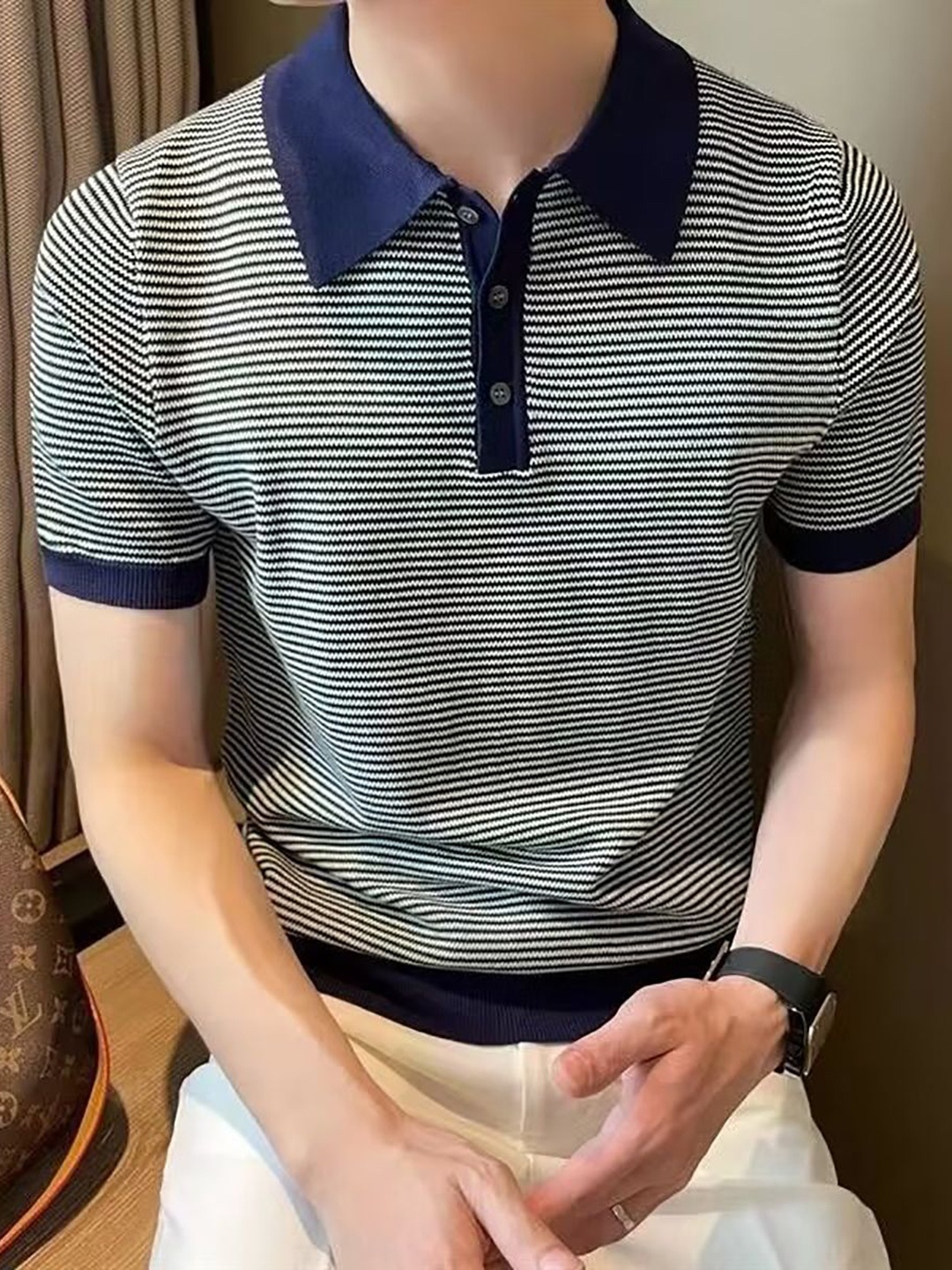 

StyleCast x Revolte Men Striped Polo Collar T-shirt, Blue