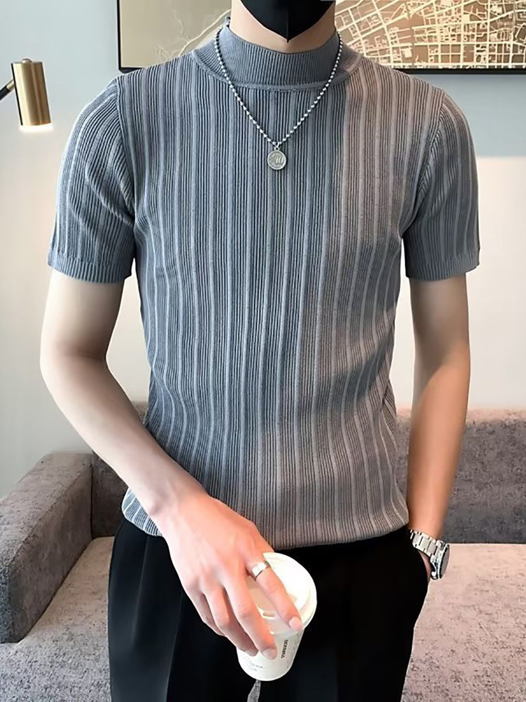 

StyleCast x Revolte Men Self Design High Neck T-shirt, Grey