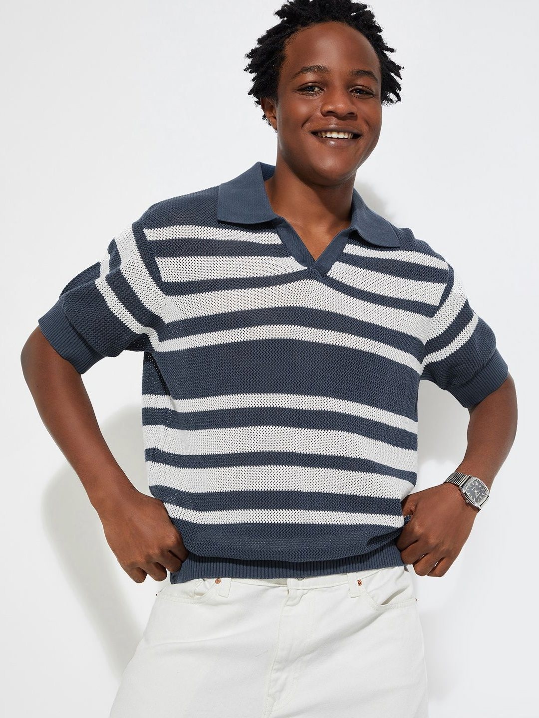 

Max Urb_N Men Oversized Striped Knit Polo T-Shirt, Grey