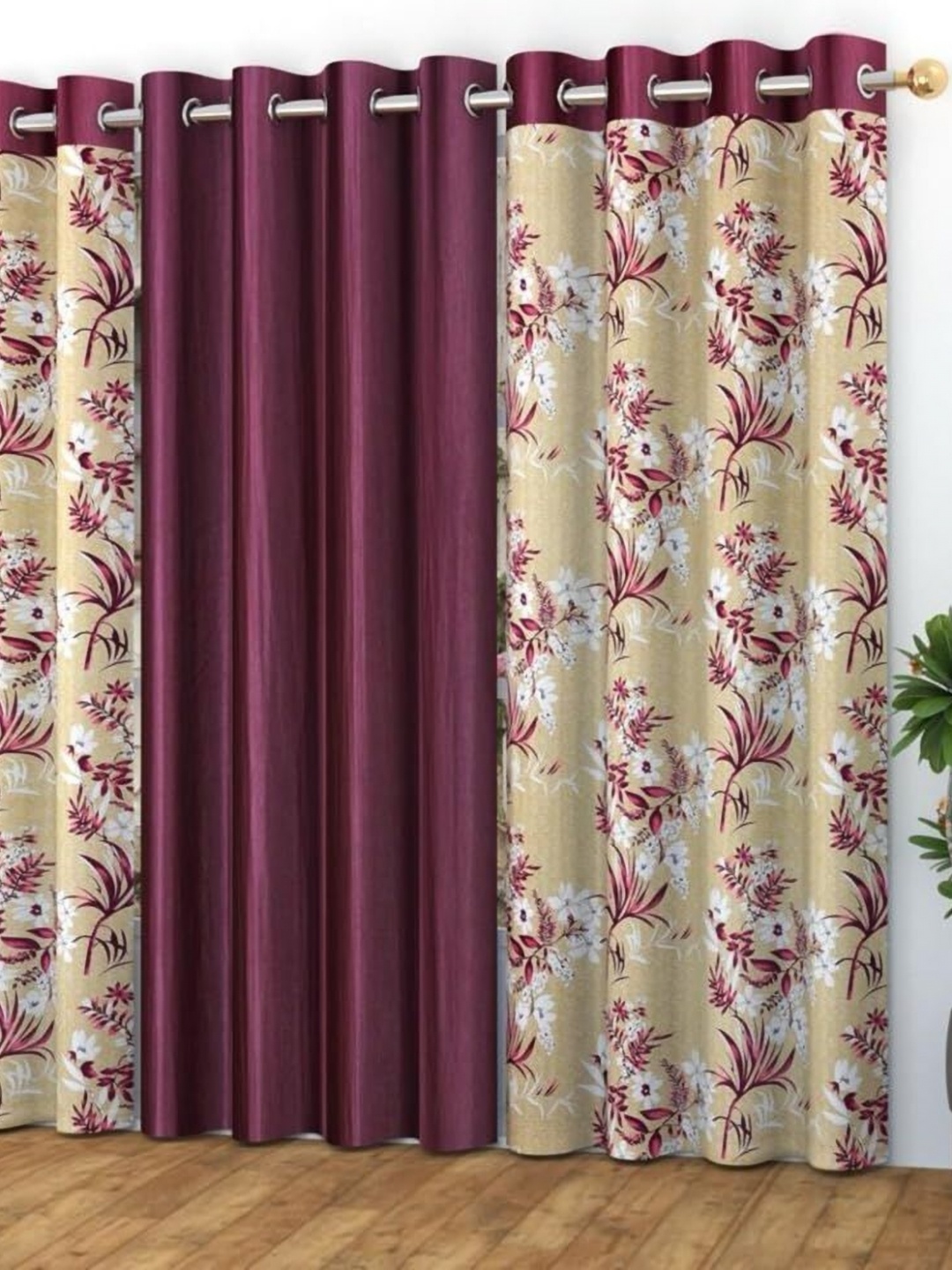 

Banchmark Home Furnishings Purple & White Set of 3 Floral Black Out Door Curtain