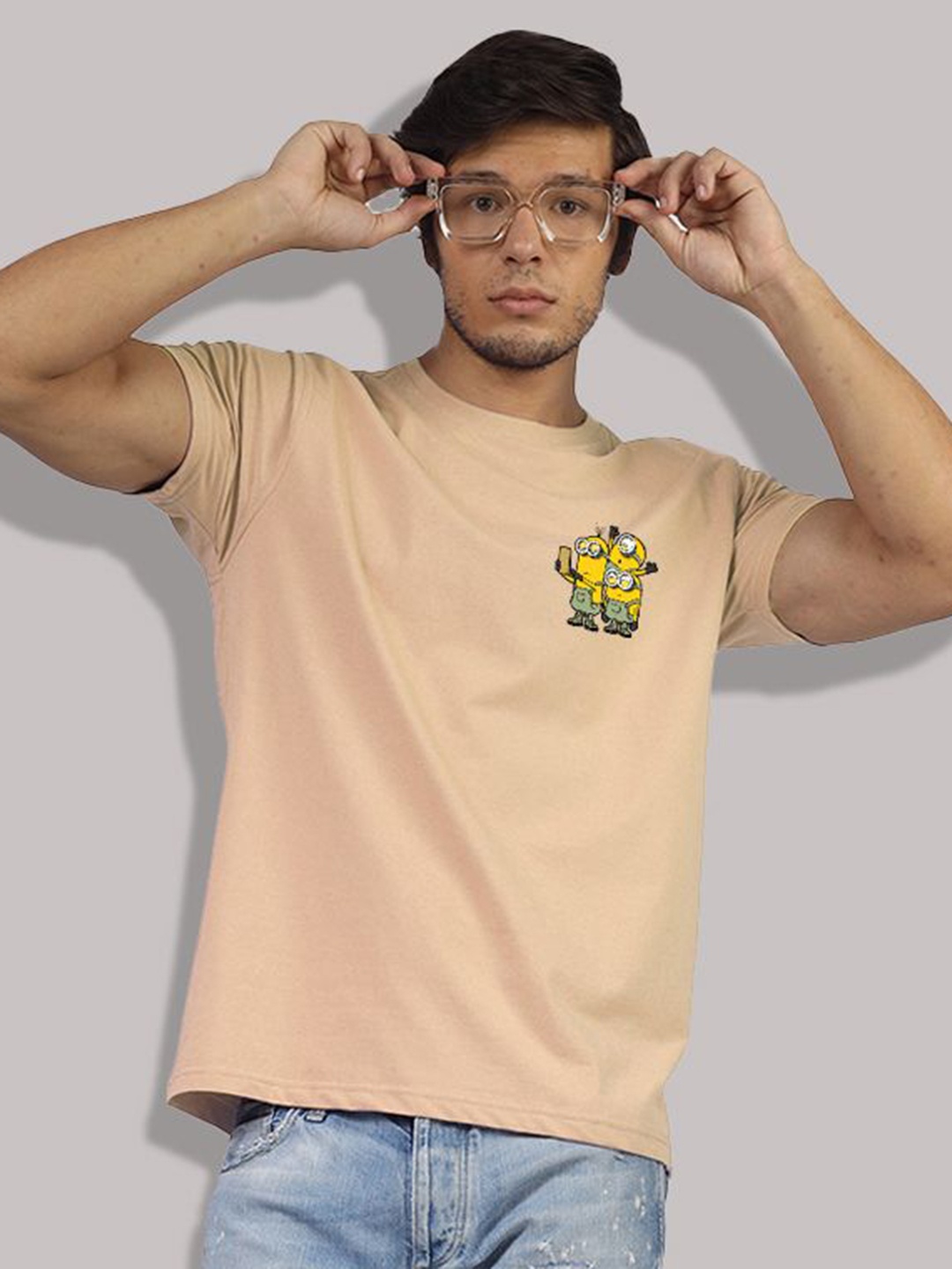 

Greylongg Men Minions Graphic Printed Round Neck Cotton T-shirt, Beige