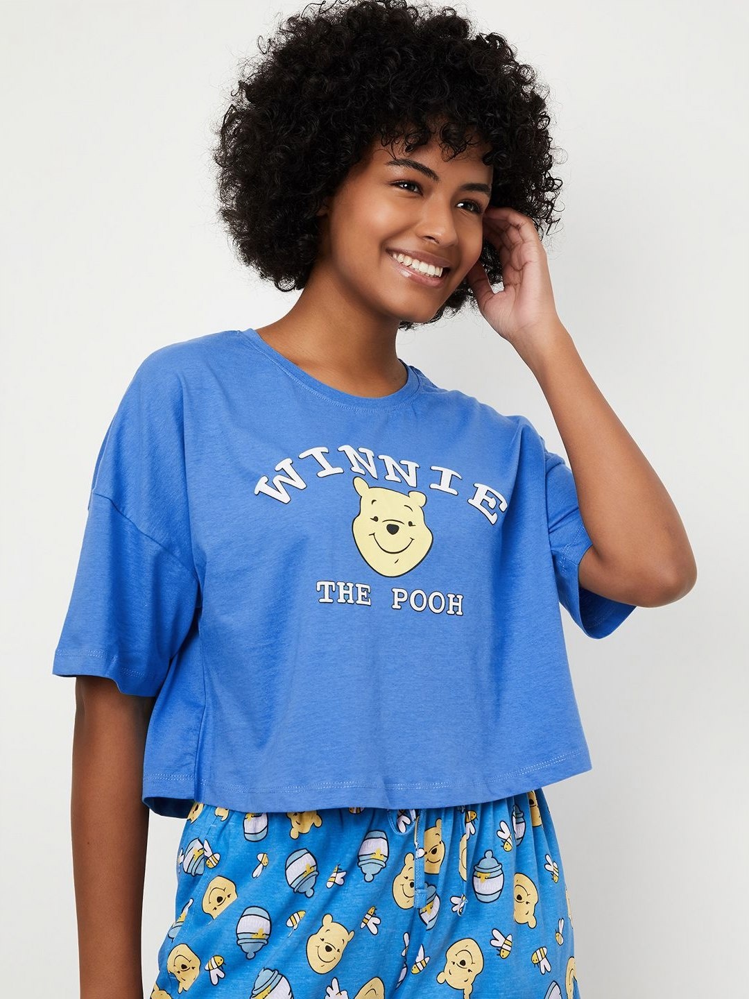 

max Women Winnie The Pooh Graphic Printed Round Neck Cotton T-shirt, Blue