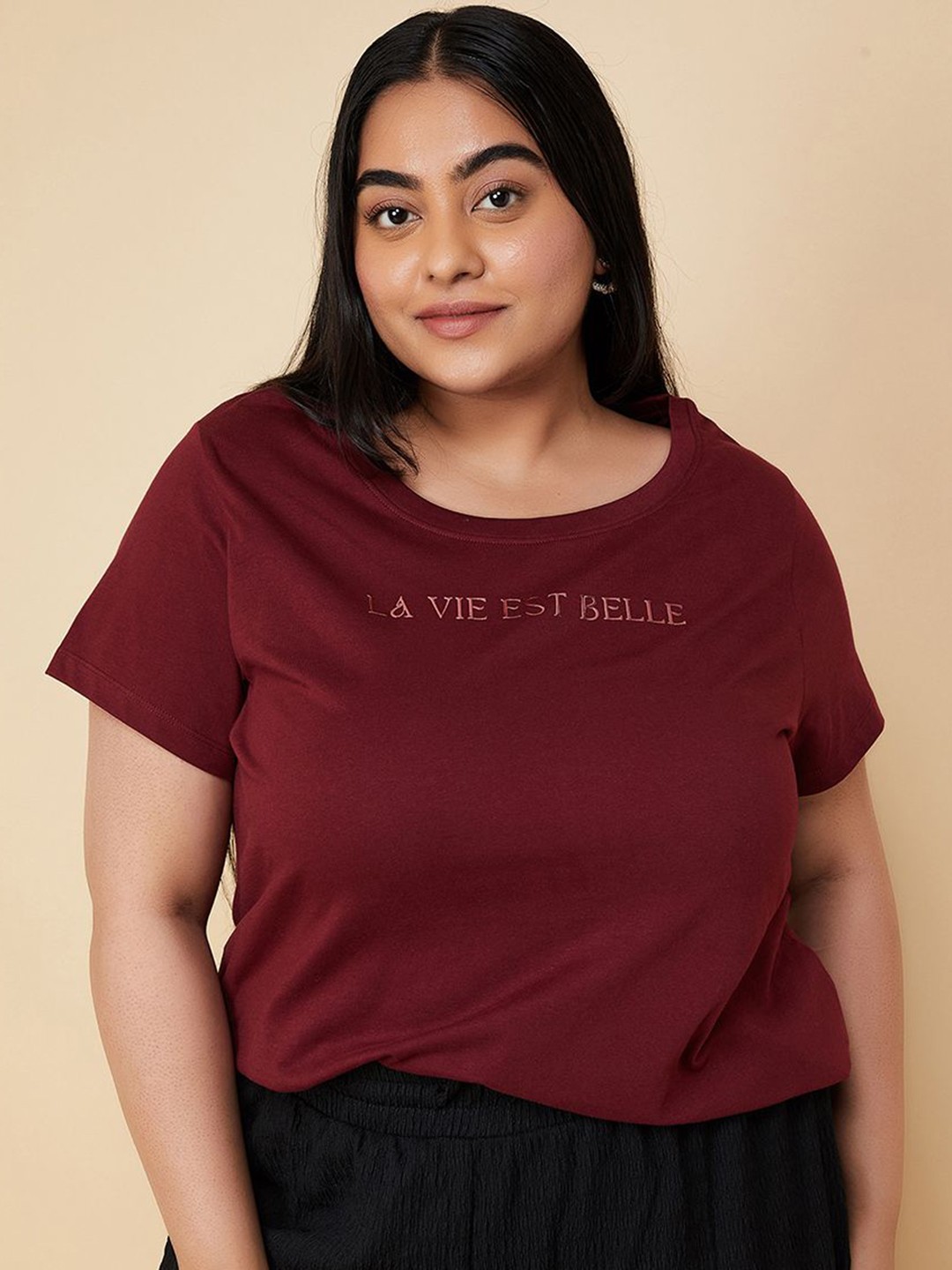

max Women Typography Printed Round Neck Cotton T-shirt, Brown