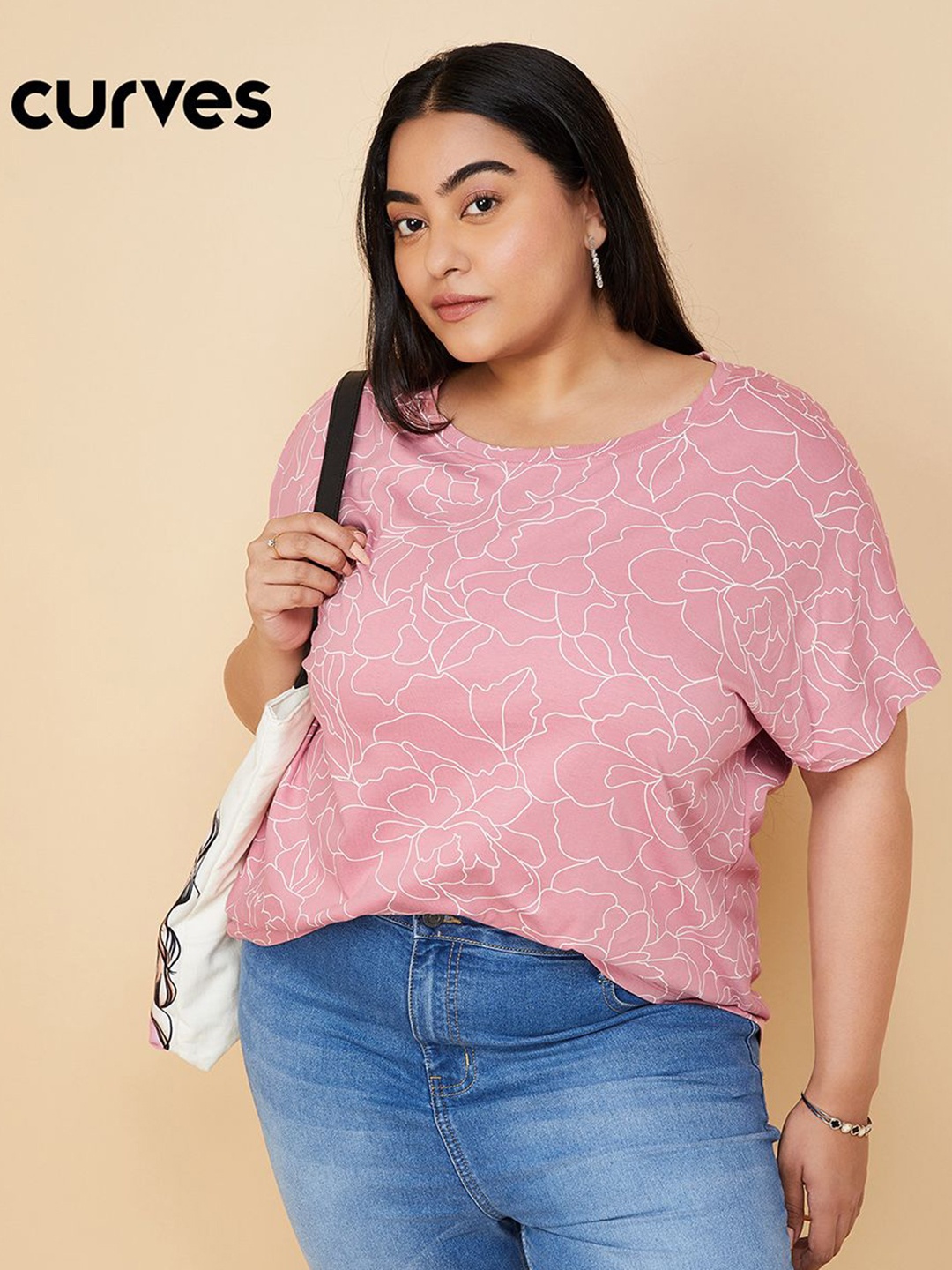 

max Women Plus Size Abstract Printed Round Neck Cotton T-shirt, Pink