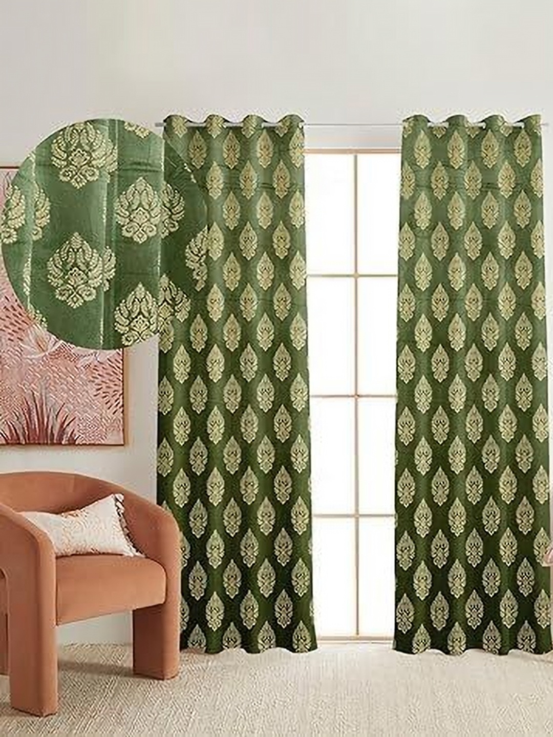 

Banchmark Home Furnishings Green & Beige Set of 2 Ethnic Motifs Black Out Long Door Curtain