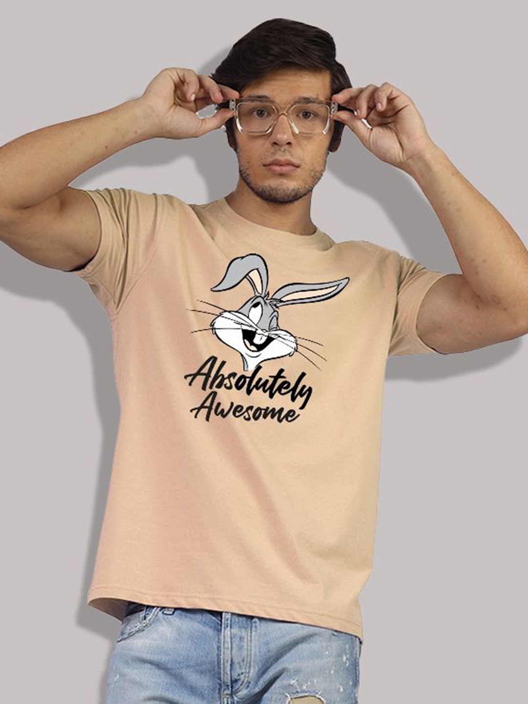 

Greylongg Men Looney Tunes Graphic Printed Round Neck Cotton T-shirt, Beige
