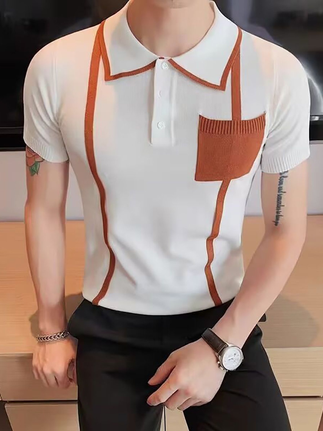 

StyleCast x Revolte Men Striped Polo Collar T-shirt, White