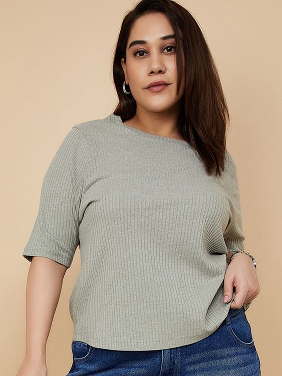 

max Women Plus Size Solid Round Neck Cotton T-shirt, Grey