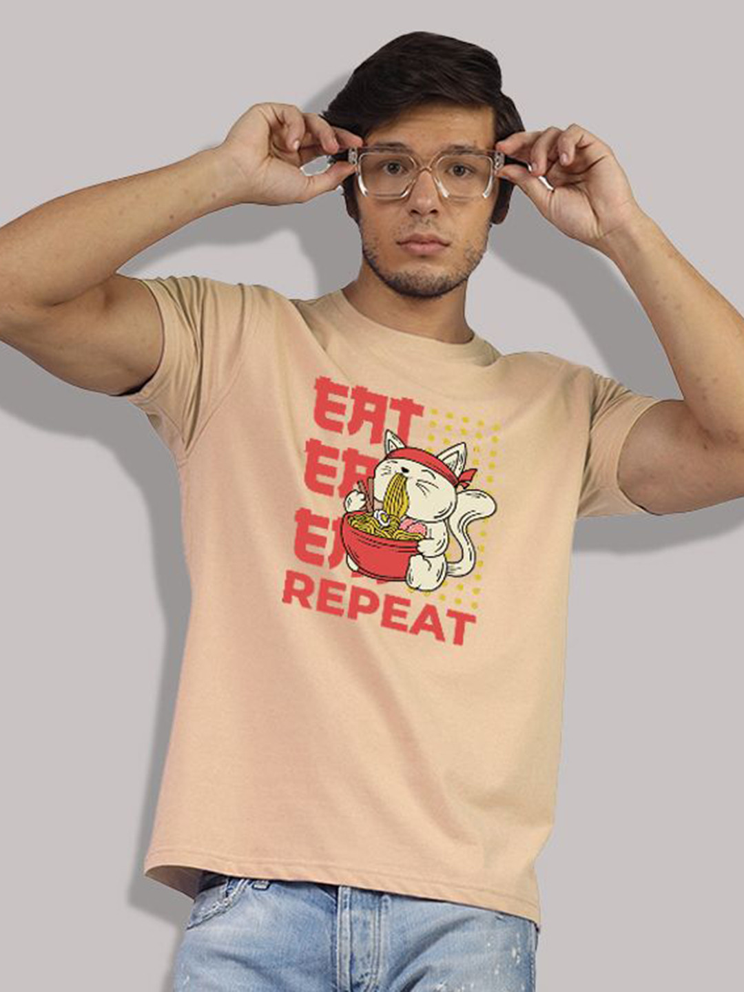 

Greylongg Men Graphic Printed Round Neck Cotton T-shirt, Beige