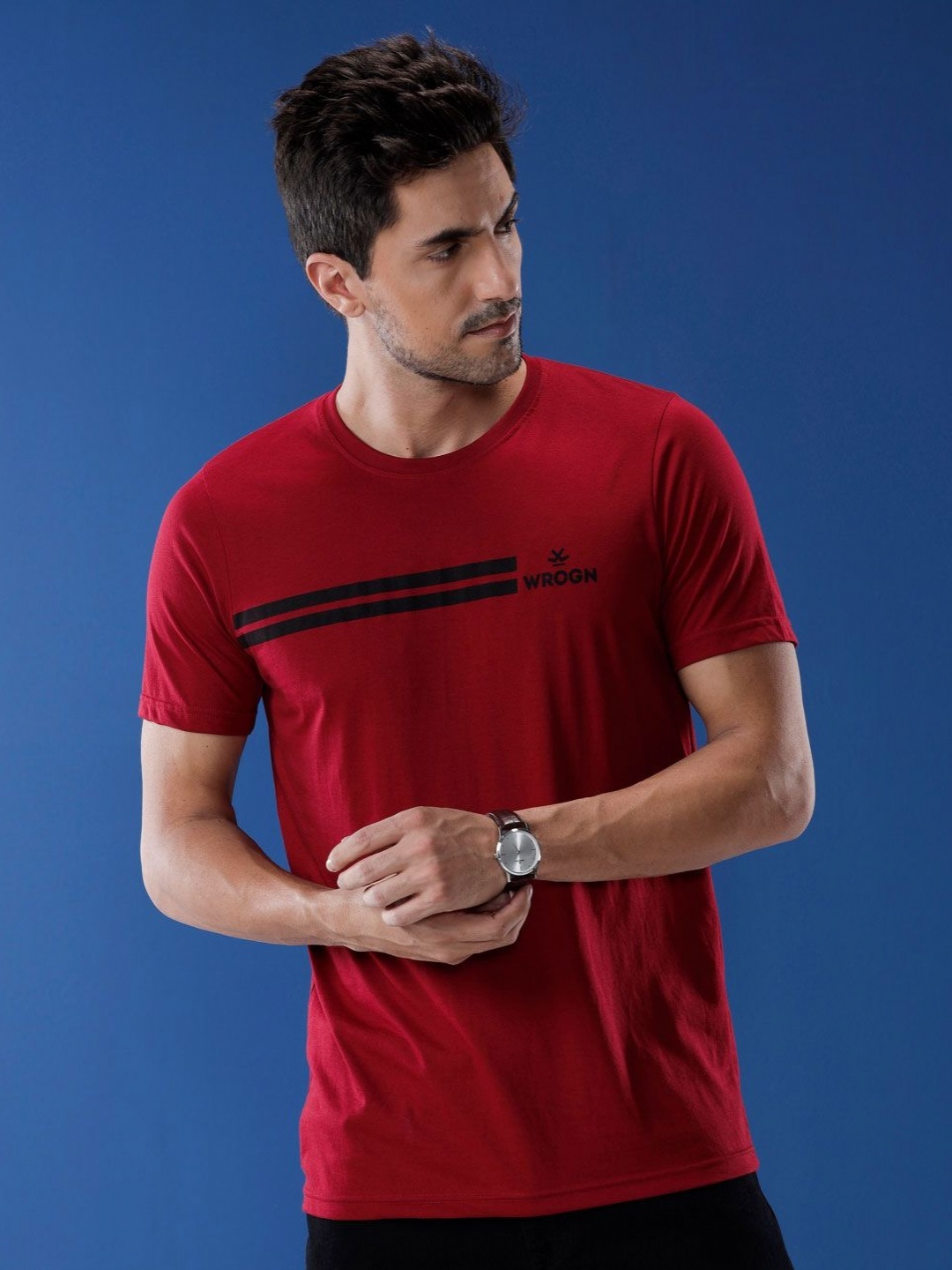 

WROGN Men Striped Round Neck Pure Cotton T-shirt, Red