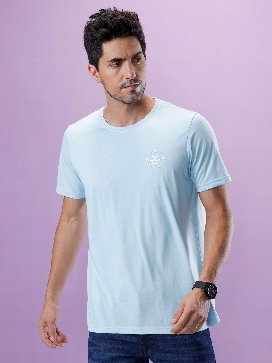 

WROGN Men Solid Round Neck Pure Cotton T-shirt, Blue