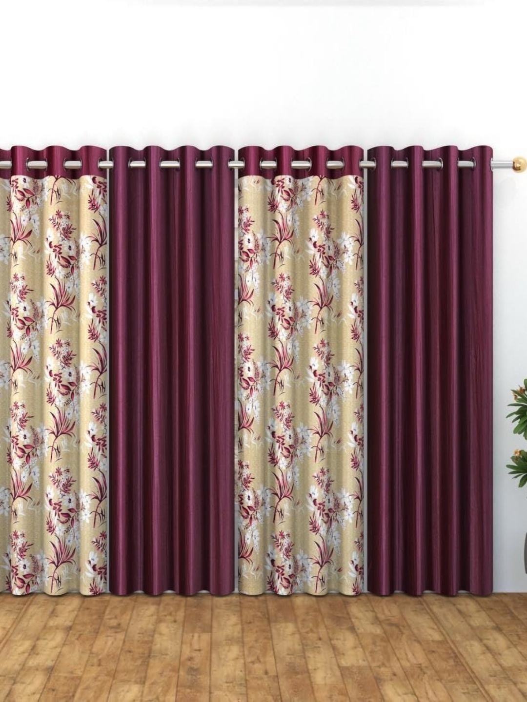 

Banchmark Home Furnishings Purple & White Set of 4 Floral Long Door Curtain