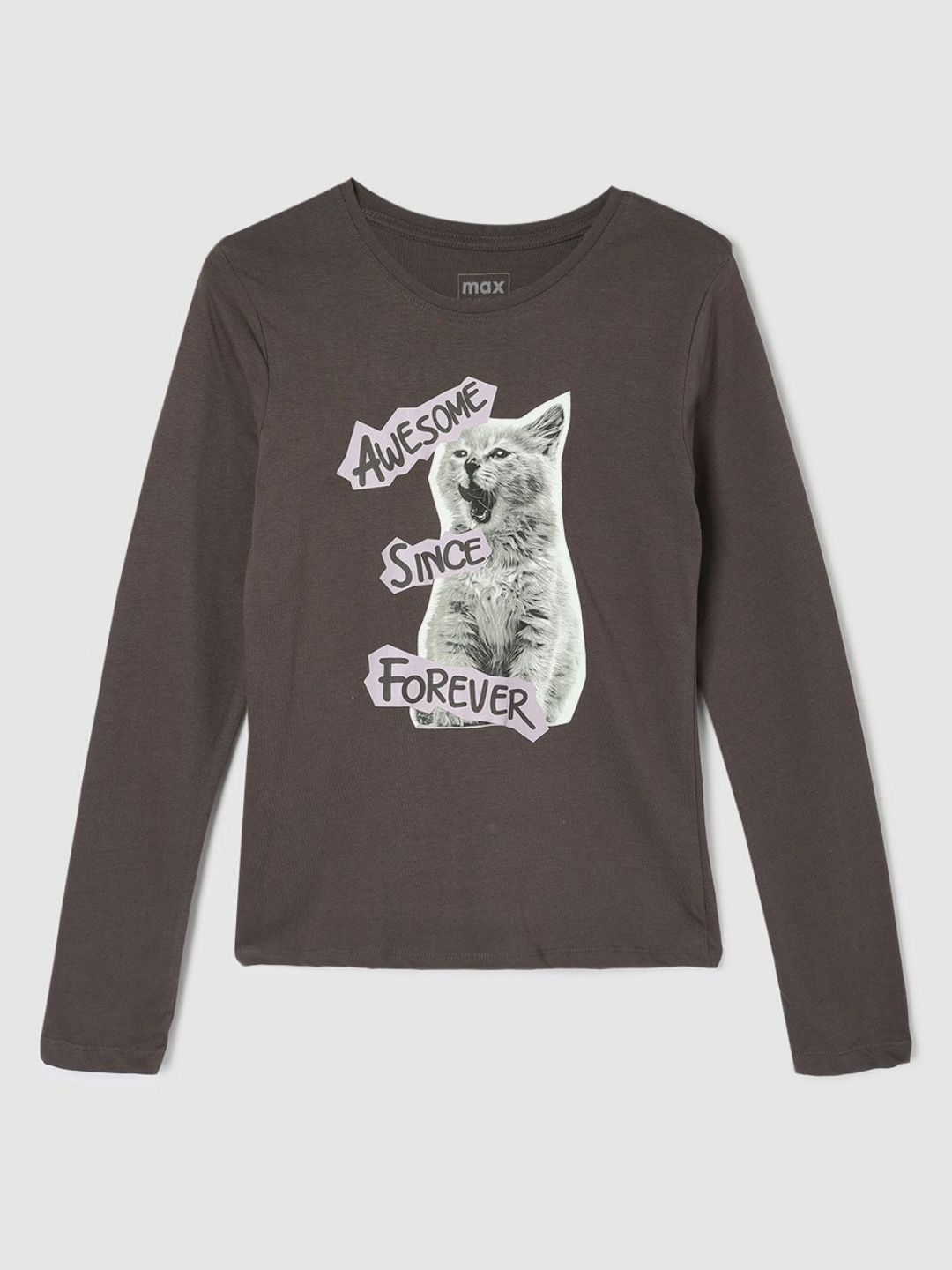 

max Girls Graphic Printed Round Neck Cotton T-shirt, Grey