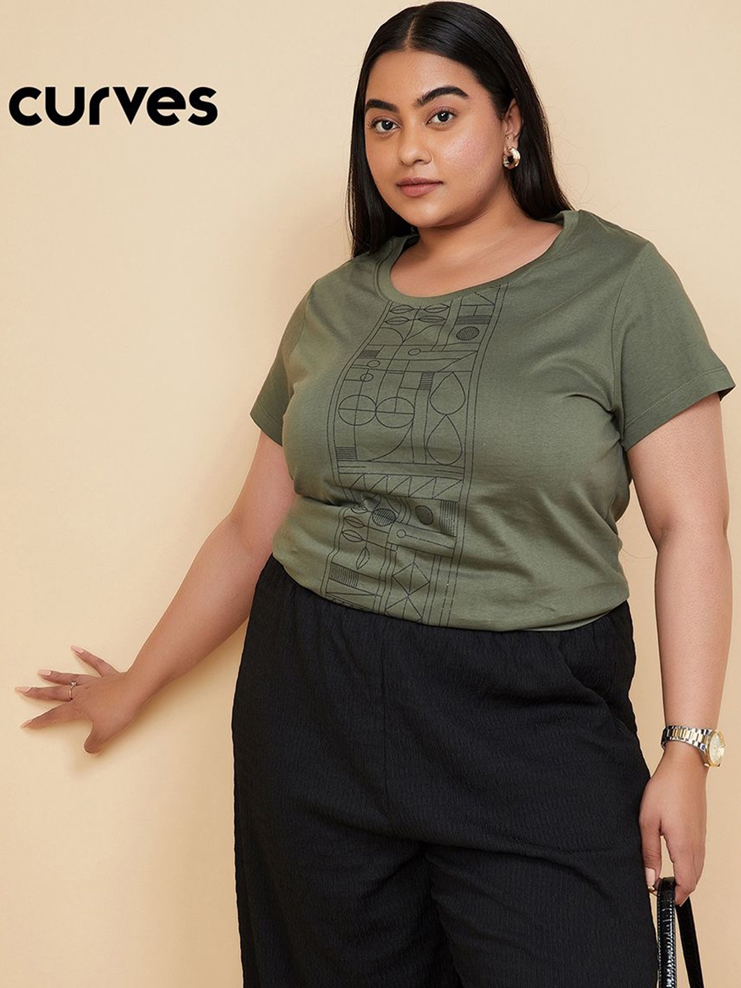 

max Women Plus Size Graphic Printed Round Neck Cotton T-shirt, Olive